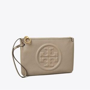 Tory Burch Perry Bombe Gray Heron Taupe Leather Wristlet
